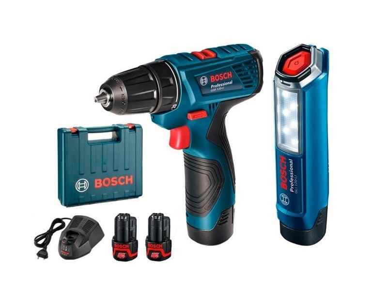 BOSCH GSR 120-LI + GLI 12V-300 Akumulatorska bušilica-izvijač + svjetiljka 12V 2x2Ah punjač i kofer