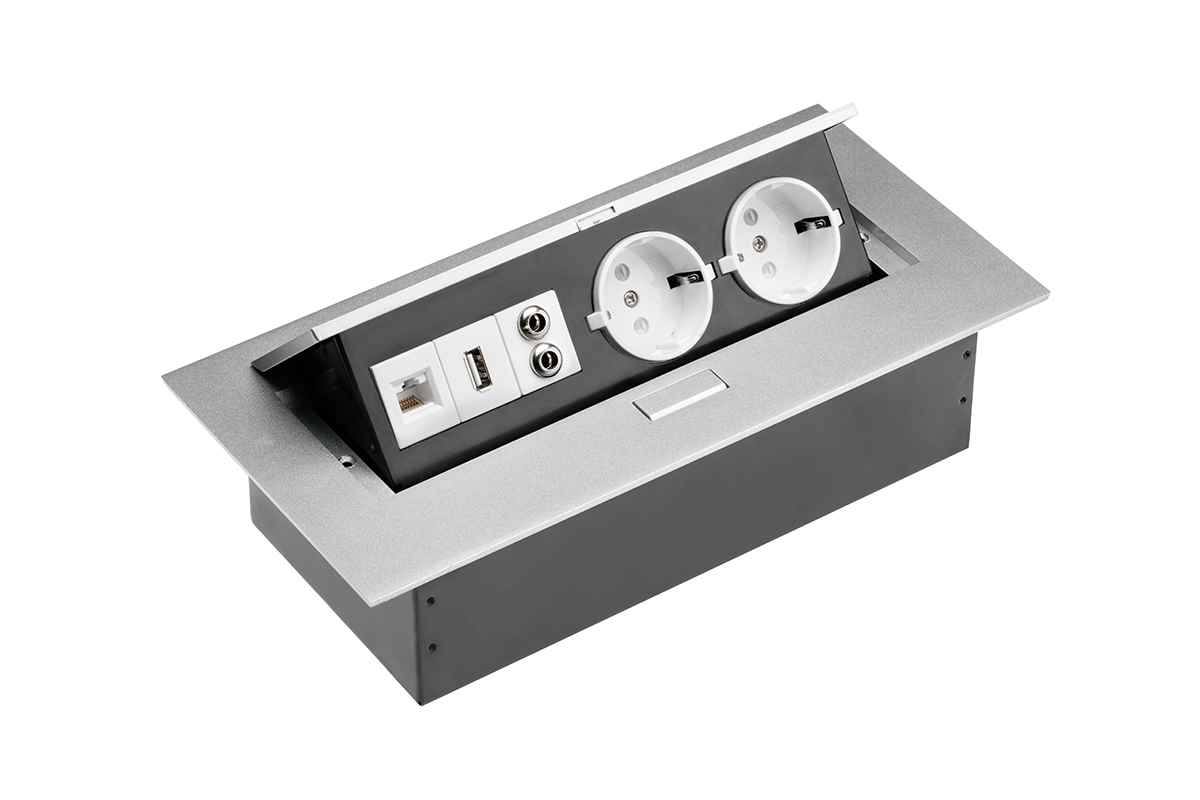 AE-PB02GS-53 Konzola sa 2 utičnice / Audio in-out / USB / RJ45 / aluminijum